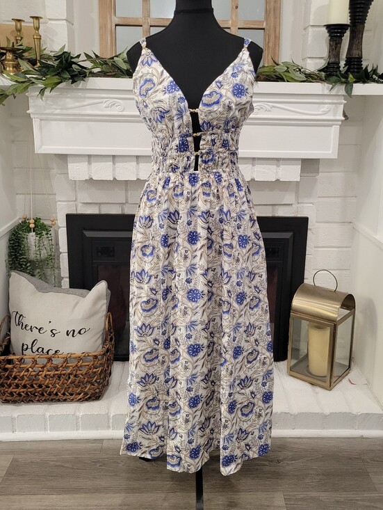 Caroline Constas Dresses & Skirts - Caroline Constas White and Blue Floral Deep V Neckline Midi Dress Large